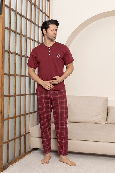 Moon Line Men's Combed Cotton Burgundy Plaid Short Sleeve Pajamas Set