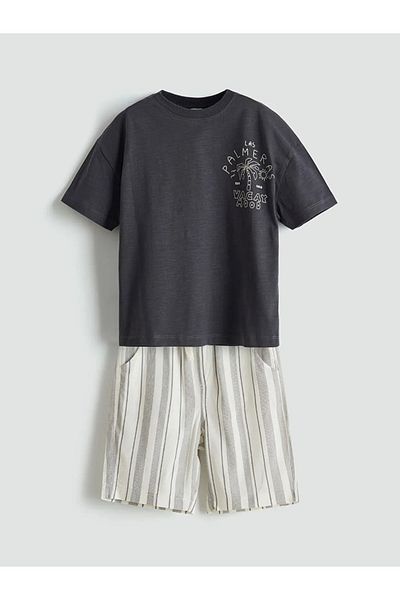 LC Waikiki Lcw Kids Anthracite Crew Neck Printed Boys T-Shirts and Shorts 2-Piece