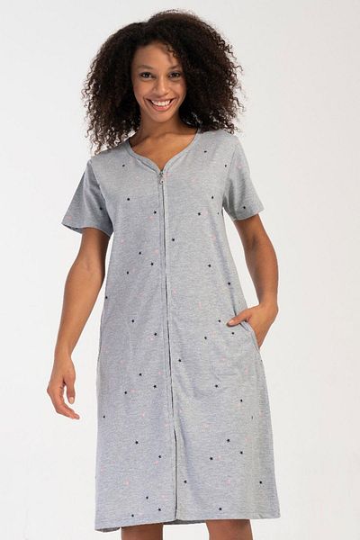 VİENETTA Rochie de acasă pentru femei cu mânecă scurtă, cu fermoar, gri Melange C7T4N1O804