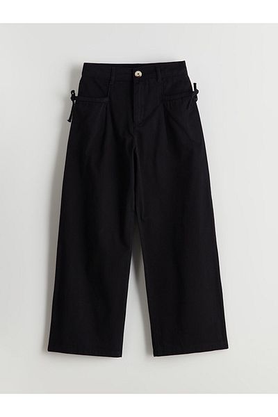 LC Waikiki Lcw Kids Black Girls' Pleated Pants with Adjustable Elastic Waist