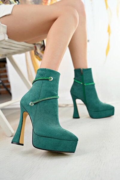 Favi Ayakkabı Koyu Yeşil Süet Taş Şerit Detaylı Sivri Burun Fermuarlı Şık Kadın Platform Bot