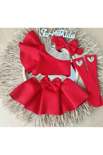 EBRU ÖZÖRGÜCÜ Girl's Ruffle Sleeve Red&Gold Skirt Suit
