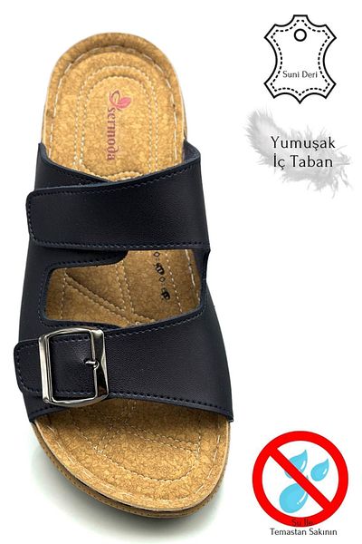 sermoda Ανδρικές παντόφλες με διπλή ταινία με Velcro και πόρπη ελαφριά σόλα από συνθετικό δέρμα Navy Blue