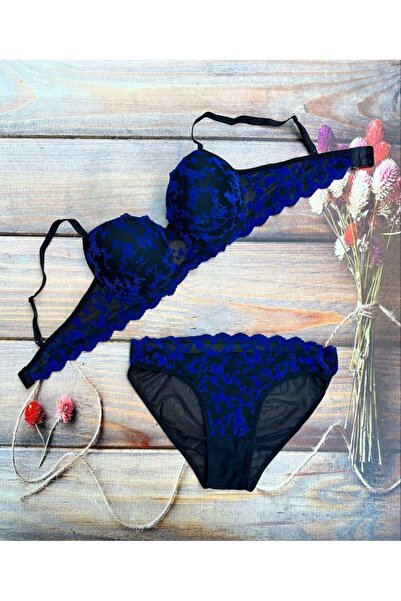LORE SORTA LINGERIE MAVİ KADİFE İŞLEMELİ SÜDYEN TAKIMI