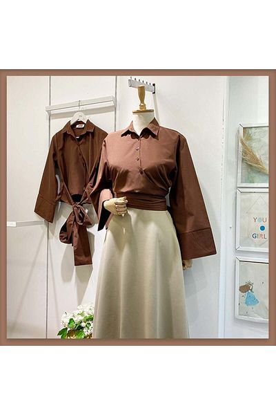 Faya Boutique кафява риза от поплин с колан
