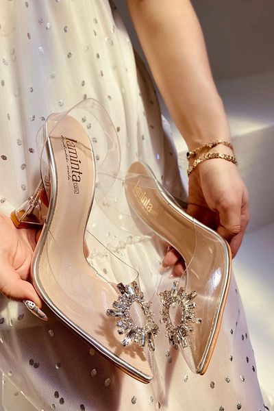 LamintaGlobal Sunset Transparent Sun Stone Accessory Detailed Women's Heeled Shoes