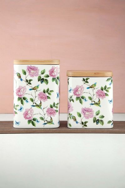 Bursa Porselen Dekor Pink Rose and Bird 2 Sizes Vacuum Bamboo Lid Porcelain Spice Jar