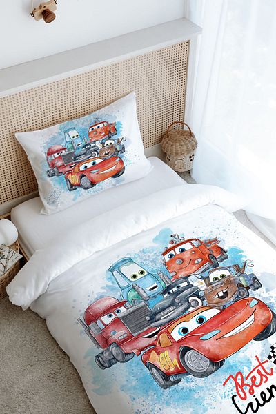 Tuğba Kuğu Single Duvet Cover Set (160X220) - Cartoon Series - Racer Lightning and Friends