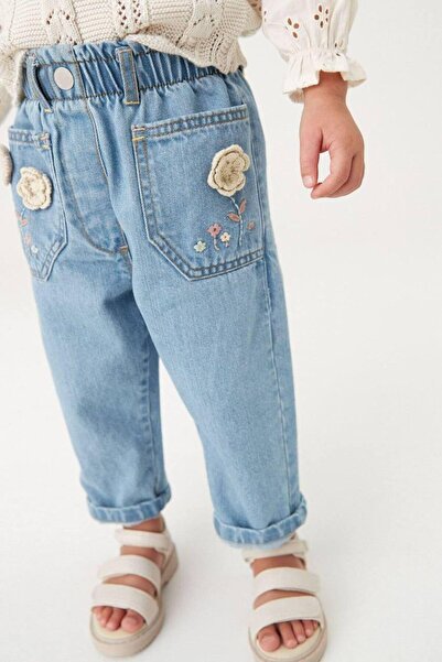 minibambi Pantaloni Jeans Fete Sezon Nou Brodat Floral Albastru
