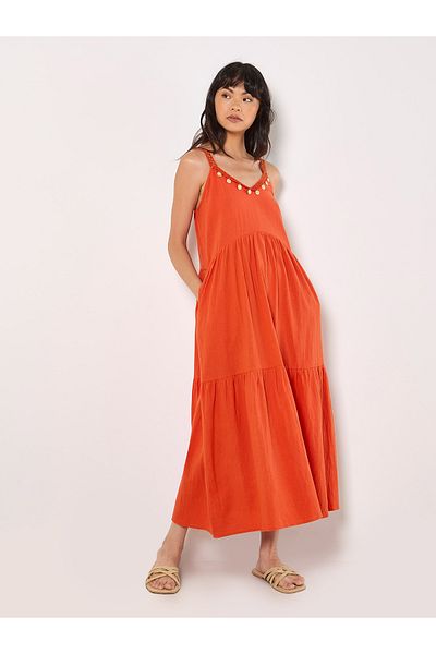 Apricot Gestuftes Midikleid mit Muscheldetails