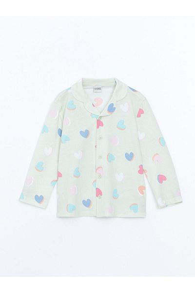 LC Waikiki Lcw Kids Green Resort Collar Printed Girls' Sleepwear Top