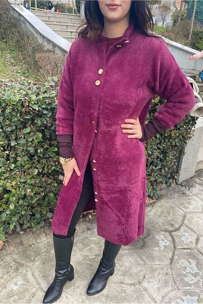 Safgiyim44 Cherry Color Women's Plush Soft 3 Thread Double Buttoned Hijab Cardigan