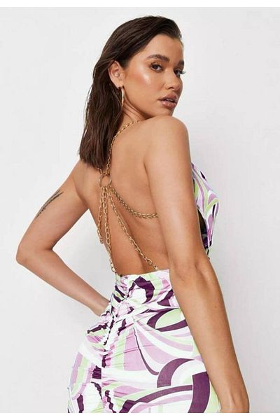 la mode istanbul Gelirr Women's Chain Detail Back Low-Cut Drawstring Detail Opportunity Product Mini Dress
