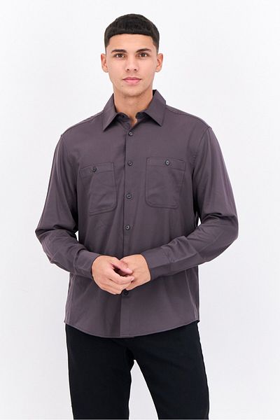Perry Ellis Men Regular Fit Solid Long Sleeves Casual Shirt, Dark Grey