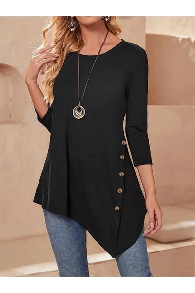 COTTONLAB Women's Long Sleeve Crew Neck Hem Asymmetrical Cutout Button Detail Viscose Blouse