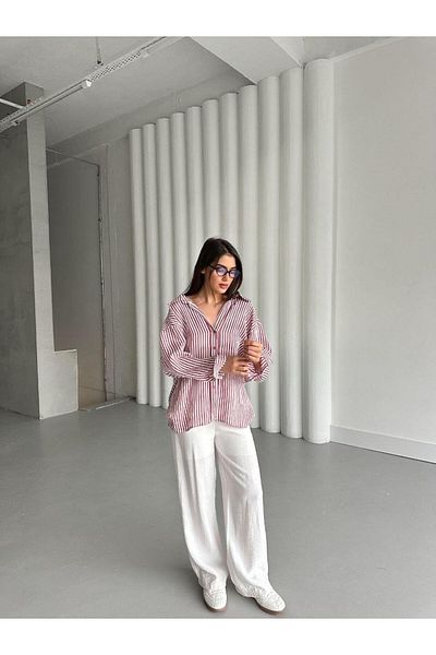 EFİL 5305 Model Red Striped Off-Shoulder Shirt