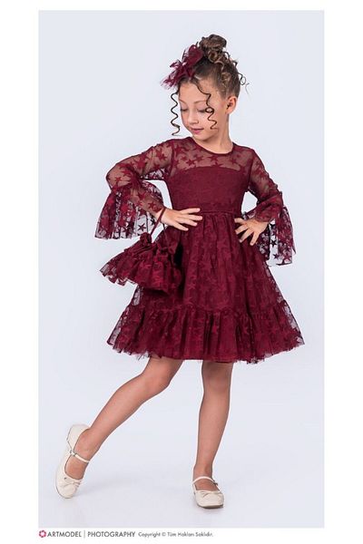 ABİYEKİDS Star Print Buckle Evening Dress for 6-10 Years Old Children - Graduation Show Aby204