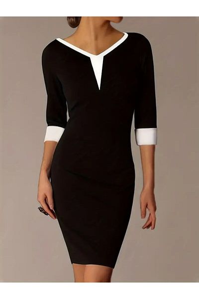 İpeksi Silky Women's Three-Breasted V-Neck Color Block Short Janjan Crepe Dress