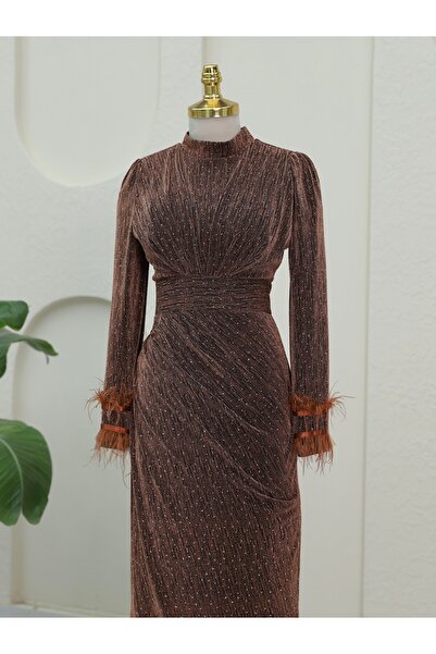 Modamorfo Coffee Color Double Train Feather Evening Dress