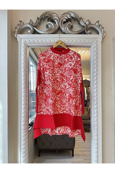 Invee 6252 Model Red Chiffon Knitwear Tunic