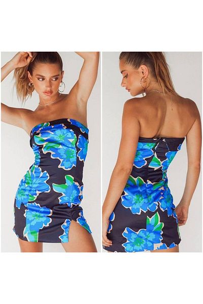 Modayakamoz Rochie mini fără bretele pentru femei, cu model de flori, cu detaliu de fantă