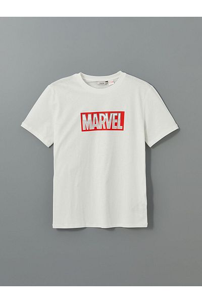 LC Waikiki Ανδρικό μπλουζάκι XSIDE Ecru Crew Neck Marvel με στάμπα χτενισμένο βαμβακερό