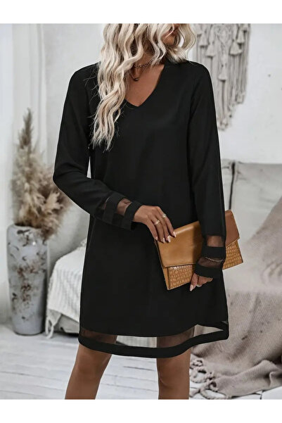 JANES Rochie de damă cu mânecă lungă, cu decolteu în V, cu dungi din tul, det...