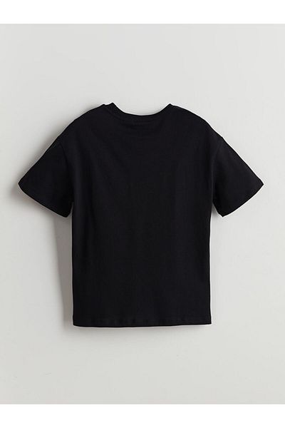 LC Waikiki Black Crew Neck Stitch Printed Girl's T-Shirt