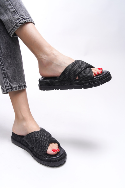 Riccon Γυναικείες παντόφλες Civrurth Black Straw - 0012610