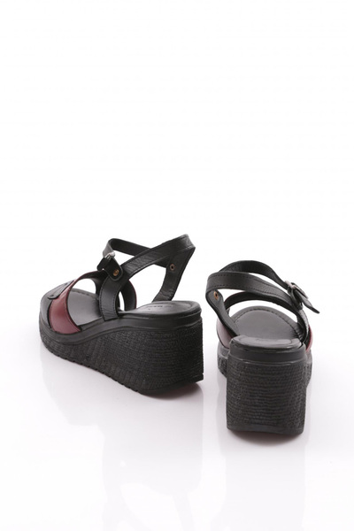DGN Women's Row Double Banded Wedge Sandals Genuine Leather Black Claret Red 2495318