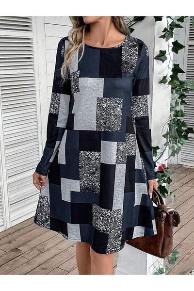 Simala Rochie de damă cu mânecă lungă, cu decolteu rotund, cu un singur jerseu geometric