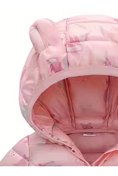 Modakido Desenli, Kulaklı, Pembe, Sıcak Tutan Sevimli, Kış/Sonbahar Şişme Mont. Kız Bebek/Kız Çocuk