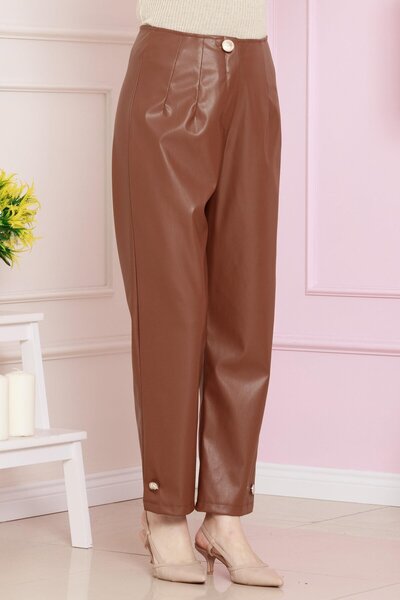 Sevitli Δερμάτινο παντελόνι με λεπτομέρεια με κουμπί-Ταν