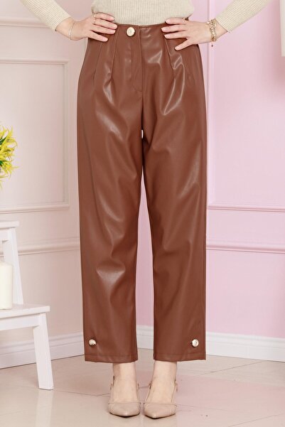 Sevitli Δερμάτινο παντελόνι με λεπτομέρεια με κουμπί-Ταν