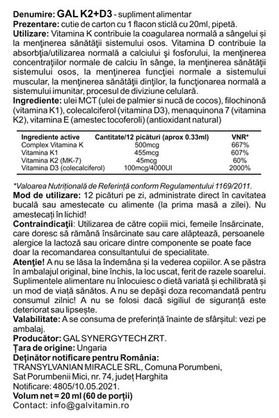 Gal Vitamin K D3 Complex, 500 Mcg K-Complex 4000 IU D3, K1 & K2, With Bioactive Mk7, 60 Doses