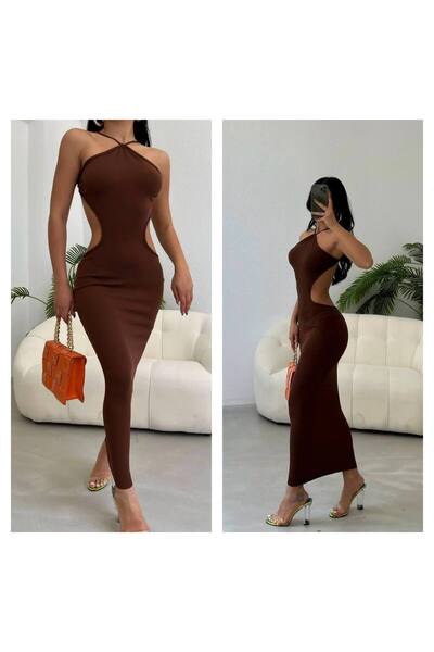 SEVAL KOCA Kahverengi Örme Triko Cutout Detaylı Sırtı Açık Uzun Elbise