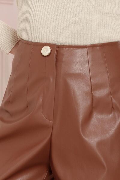 Sevitli Δερμάτινο παντελόνι με λεπτομέρεια με κουμπί-Ταν