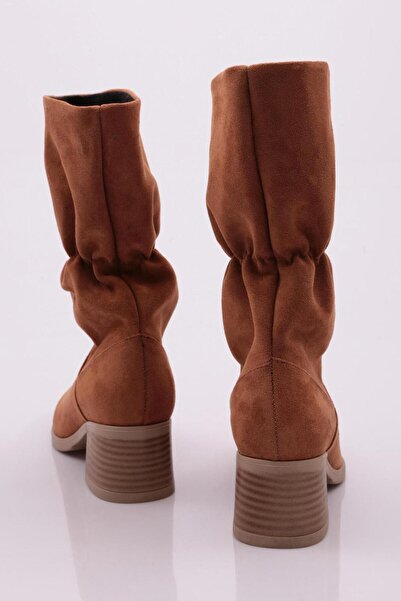 DGN Kadın Büzgülü Topuklu Çizme Taba Süet 101773275