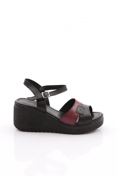 DGN Women's Row Double Banded Wedge Sandals Genuine Leather Black Claret Red 2495318