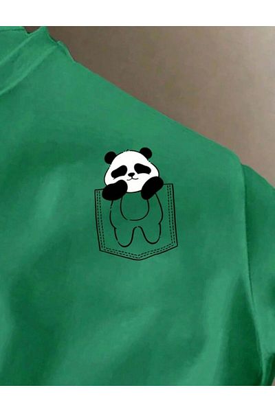 NO 601 Μπλουζάκι Unisex ανοιχτό πράσινο με τσέπες Panda με στάμπα Oversize Loose Fit χτενισμένο βαμβακερό μπλουζάκι