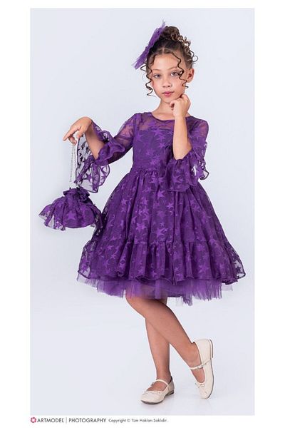 ABİYEKİDS Children's Evening Dress with Star Pattern - Buckle, 6/14 Years Graduation Show Dress Aby204