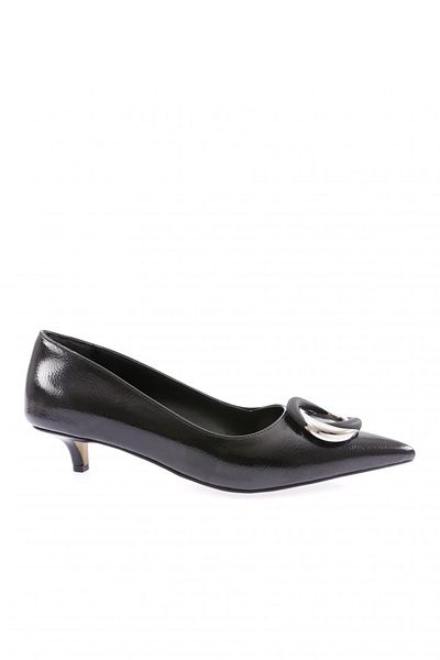 DGN 23y6120-23y Black Patent Leather - Women's Round Metal Accessory Pointed Toe Short Heeled Shoes