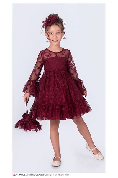 ABİYEKİDS Star Print Buckle Evening Dress for 6-10 Years Old Children - Graduation Show Aby204