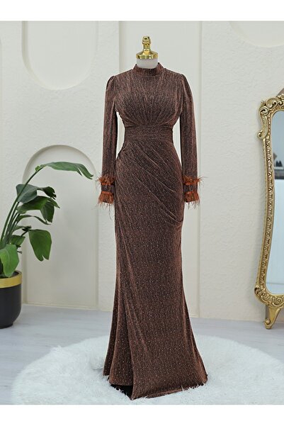 Modamorfo Coffee Color Double Train Feather Evening Dress