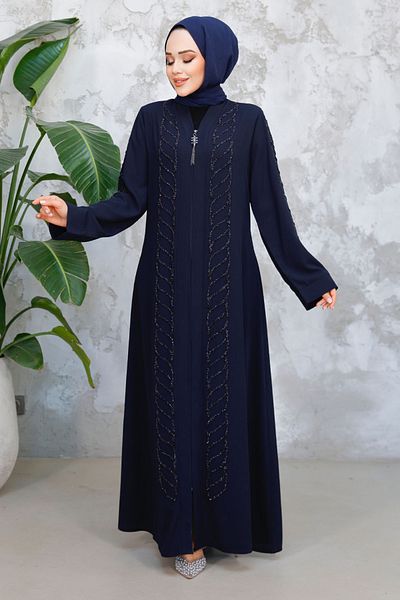Neva Style Χάντρες Κεντημένο Navy Blue Hijab Ferace 29122L