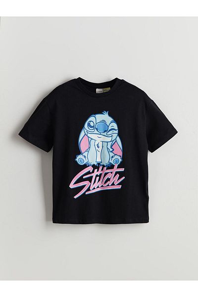LC Waikiki Black Crew Neck Stitch Printed Girl's T-Shirt