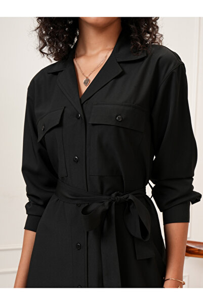 Tokyo Talkies By Styli Solid Shirt Midi Dress with Waist Tie Detail