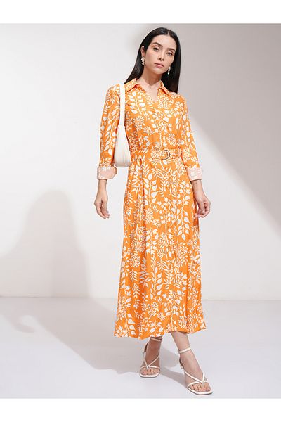Tokyo Talkies By Styli All-Over Floral Print Shirt Midi Dress with Belt Detail