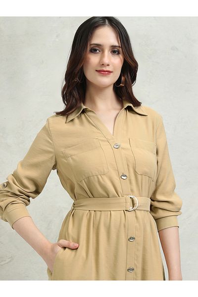 Tokyo Talkies By Styli Solid Pocket Detail Shirt Collar A-Line Midi Dress