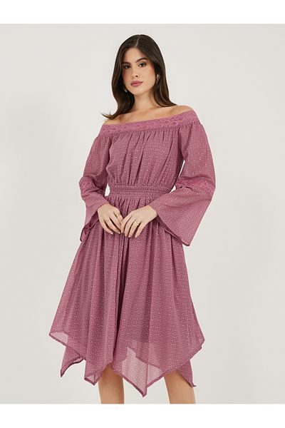 Styli Ditsy Print Off Shoulder Lace Insert Midi Dress